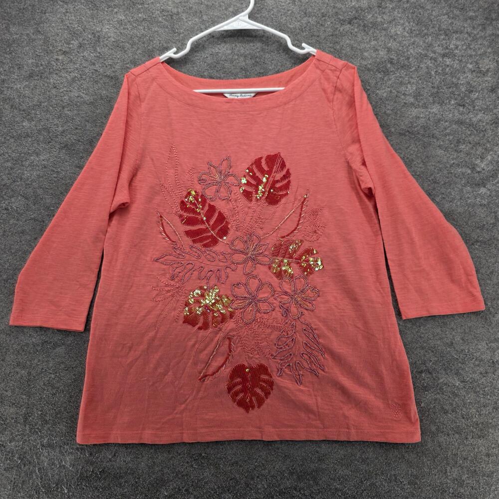 Tommy Bahama Shirt Womens Medium Coral 3/4 Sleeve Embroidered Sequin Floral